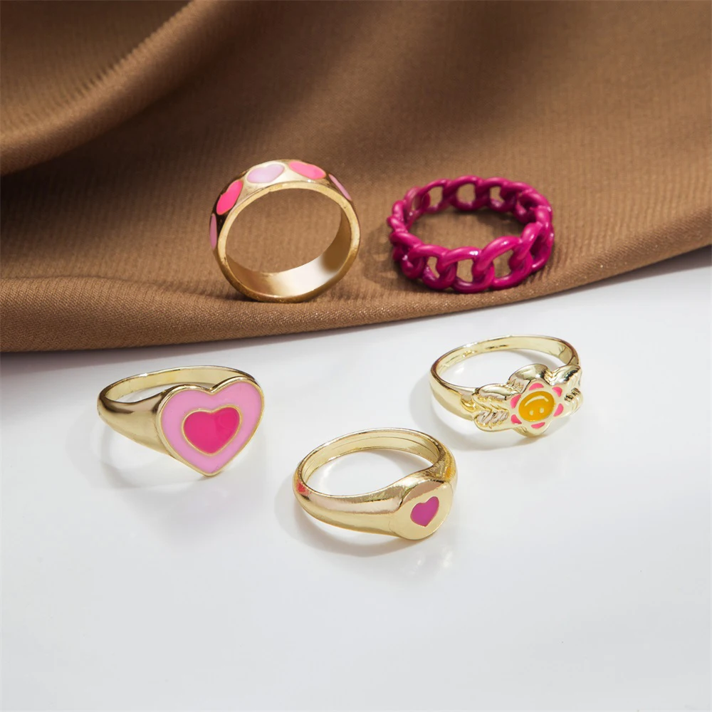 Женский комплект колец в форме сердца Винтажное кольцо розового и зеленого