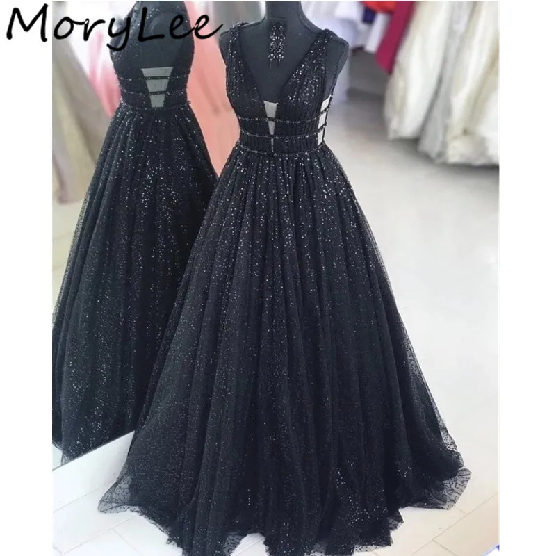 

Sequins Evening Dresses Shining V-Neck Sleeveless A-Line Crystal Beaded Soft Tulle Evening Dresses vestidos de fiesta de noche