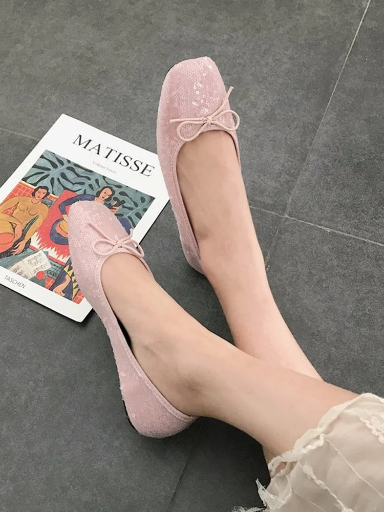 Женская обувь в Корейском стиле с квадратным носком Туфли бантом на плоской