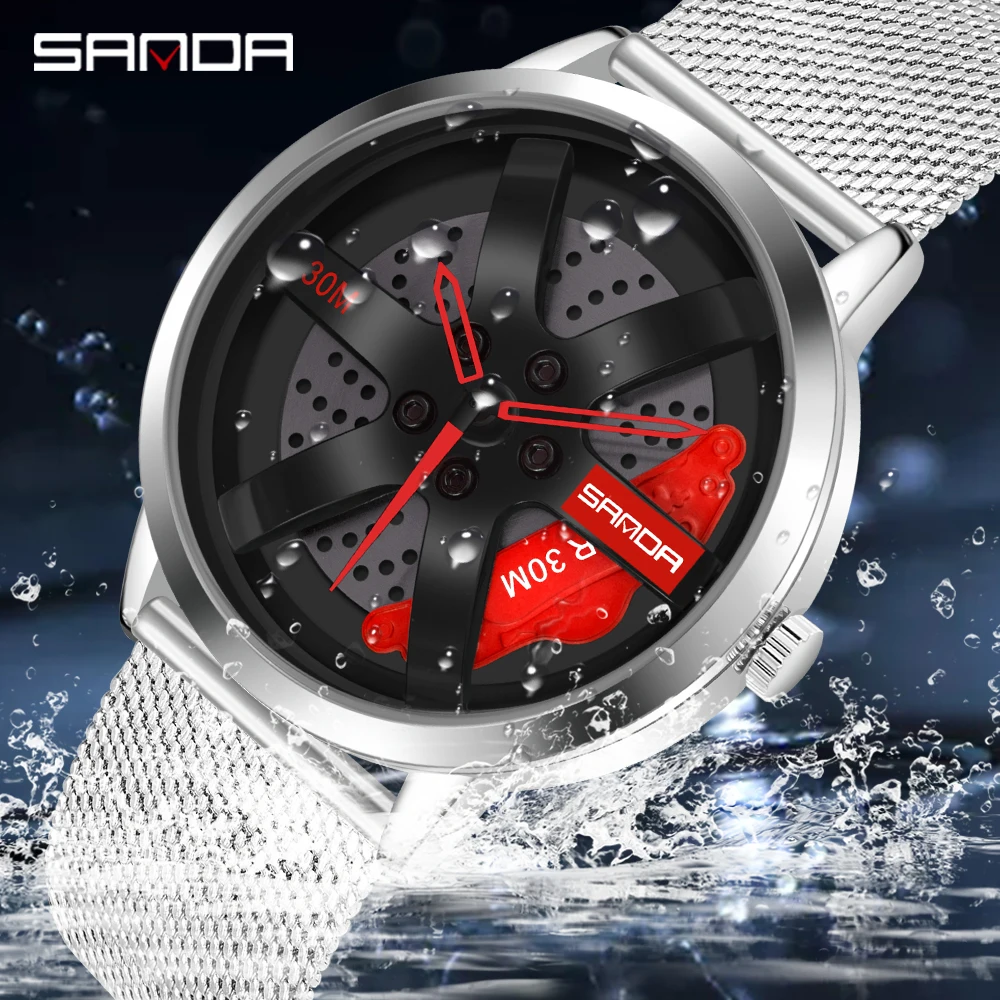 Sanda Luxury Military Men Quartz Watches Car Wheel Watch 360 Spinning Clock Sport Waterproof Stainless Steel мужские часы 2021