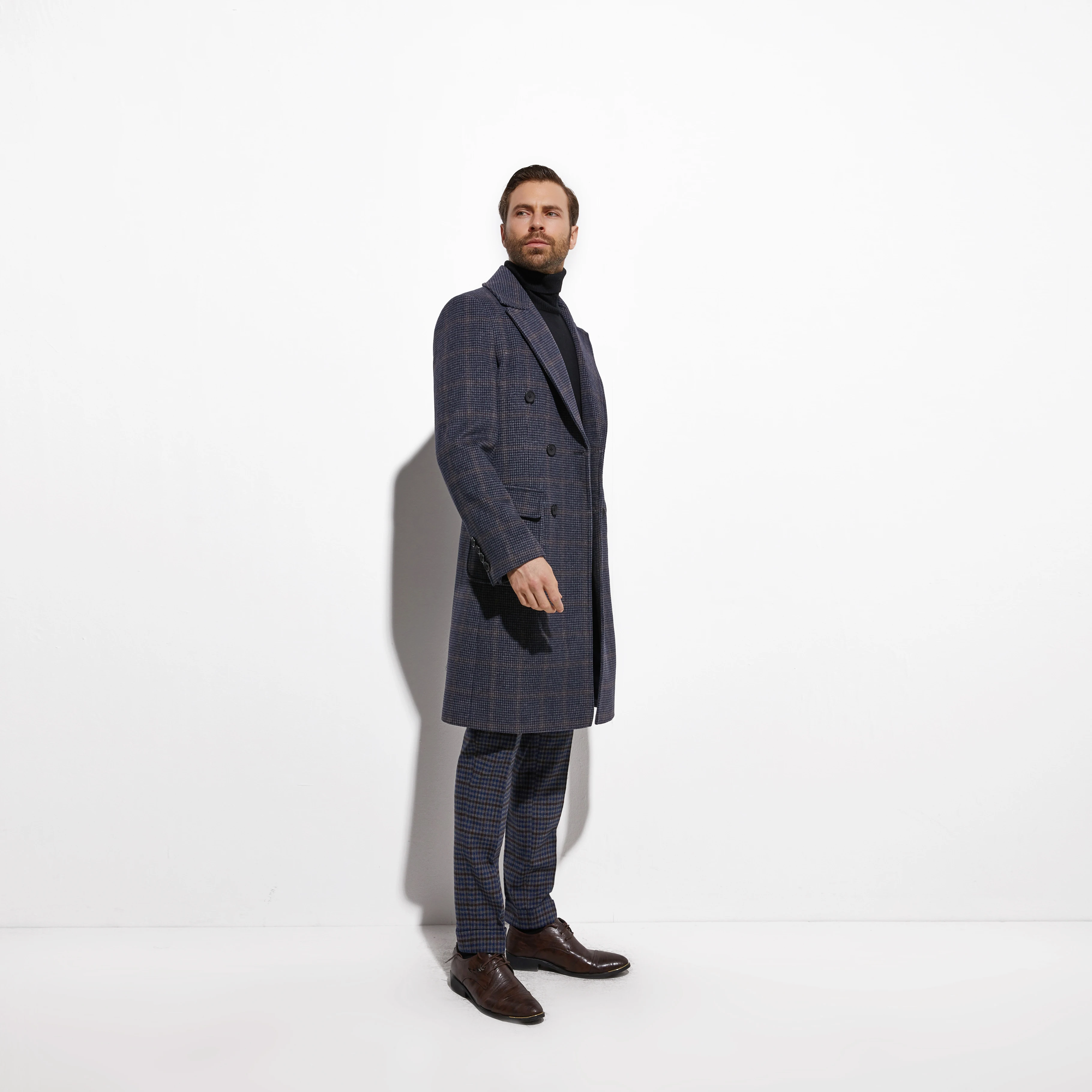 Зимнее длинное двубортное пальто на Windowpane теплое тонкое из смешанной шерсти