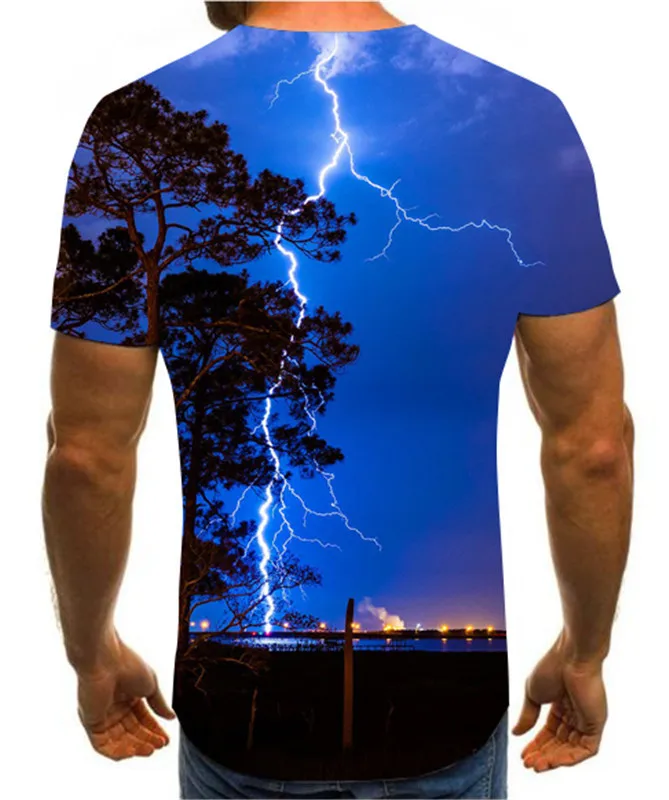 Men's 3D printing T-shirt lightning landscape t-shirt men's Summer Black T-Shirt round neck beach | Мужская одежда