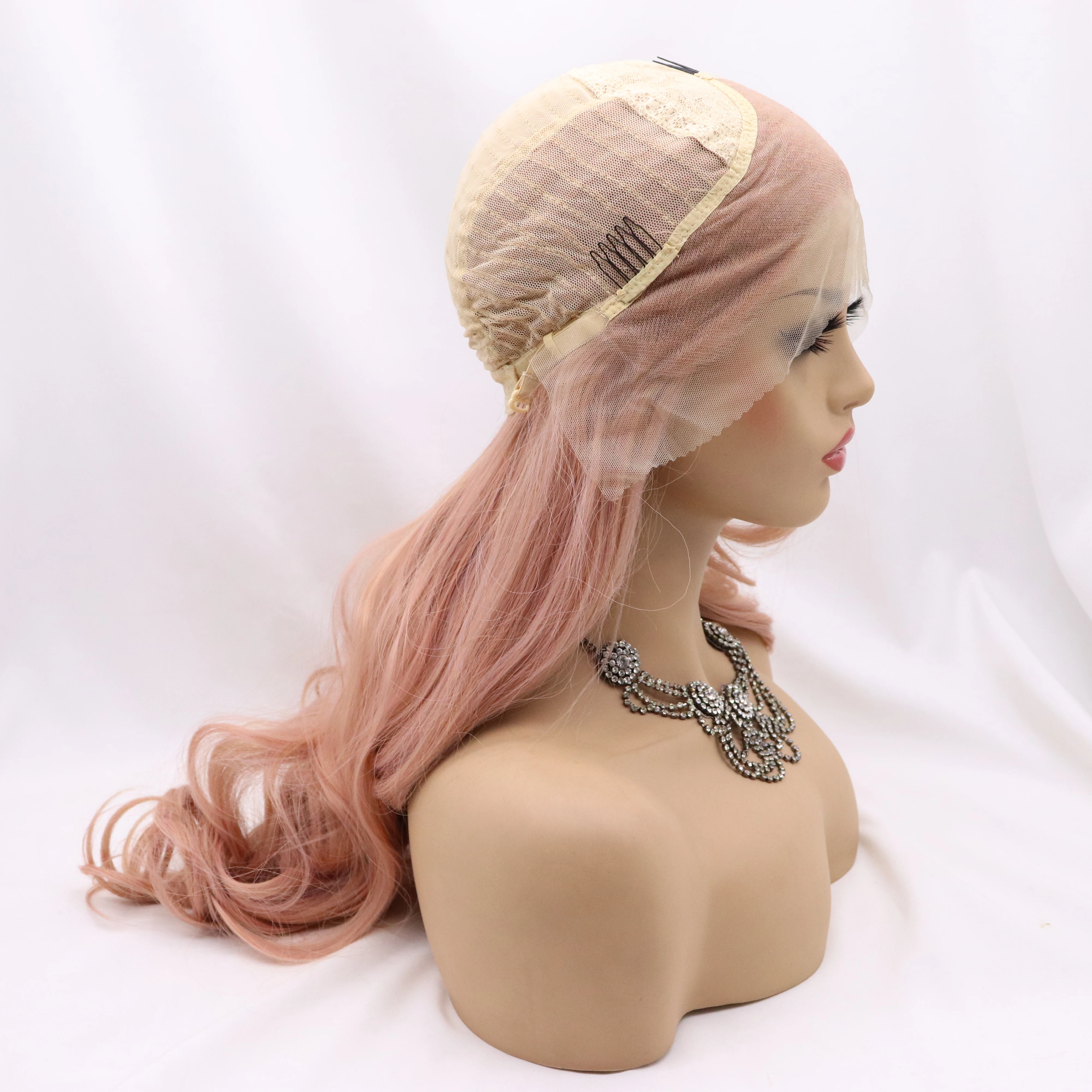 

Sylvia Lace Front Wigs Peach Pink Rose Gold Synthetic Glueless Long Wavy Natural Hairline Heat Resistant Fiber Hair For Women