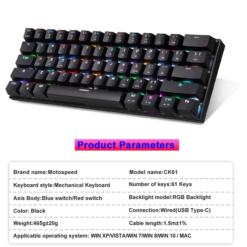 Клавиатура Motospeed CK62 игровая механическая проводная USB Bluetooth 61 клавиша LED-подсветка