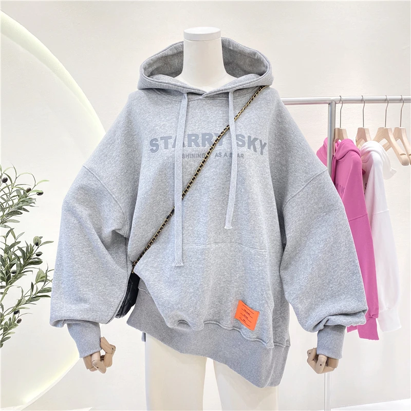 Тонкая универсальная толстовка с капюшоном из хлопка надписью свободного покроя