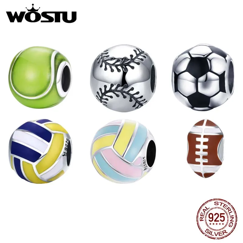 

WOSTU 925 Sterling Silver Charm Tennis Ball Volleyball Football Bead Pendant Fit Original Bracelet Necklace For Women Jewelry