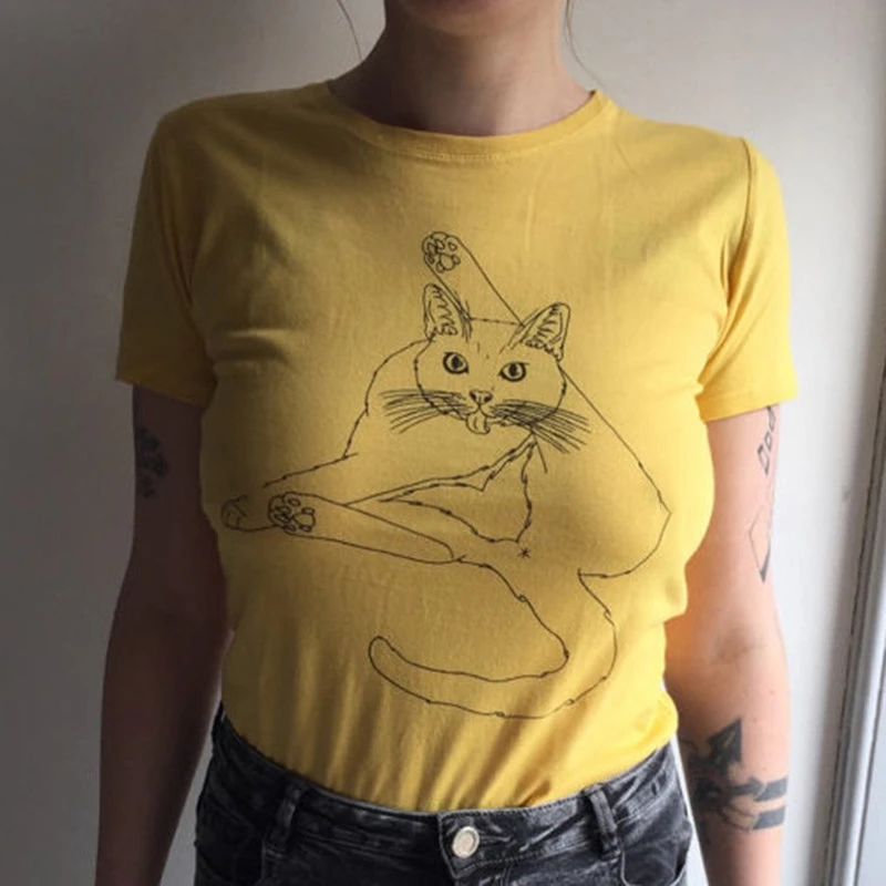 

3D животного кот печатных футболка размера плюс Kawaii для женщин с коротким рукавом и О-образным вырезом топы Футболка Harajuku летняя элегантная ...