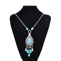 ethnic blue stone necklaces for women boho vintage silver color alloy statement necklaces festival party tribal jewelry gift