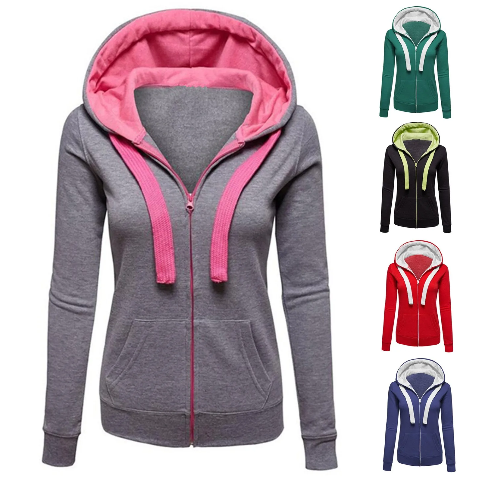 

Женское однотонное пальто с капюшоном, повседневное спортивное пальто на молнии с длинным рукавом в стиле пэчворк, Женское пальто с капюшон...