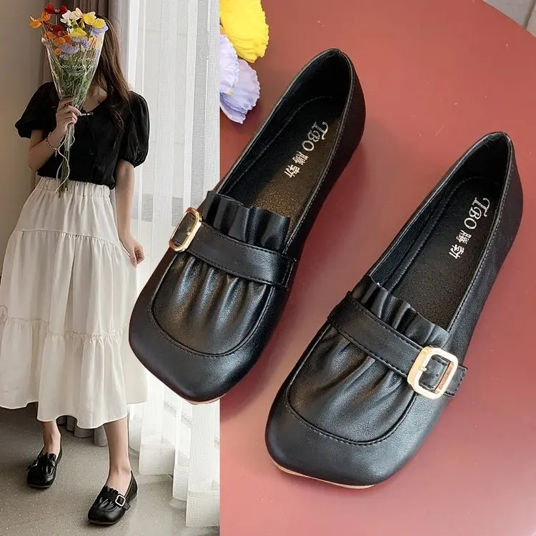 

Autumn 2021 new soft leather soft bottom women's loafers fashion flat shoes belt buckle Mary Jane Zapatillas Mujer