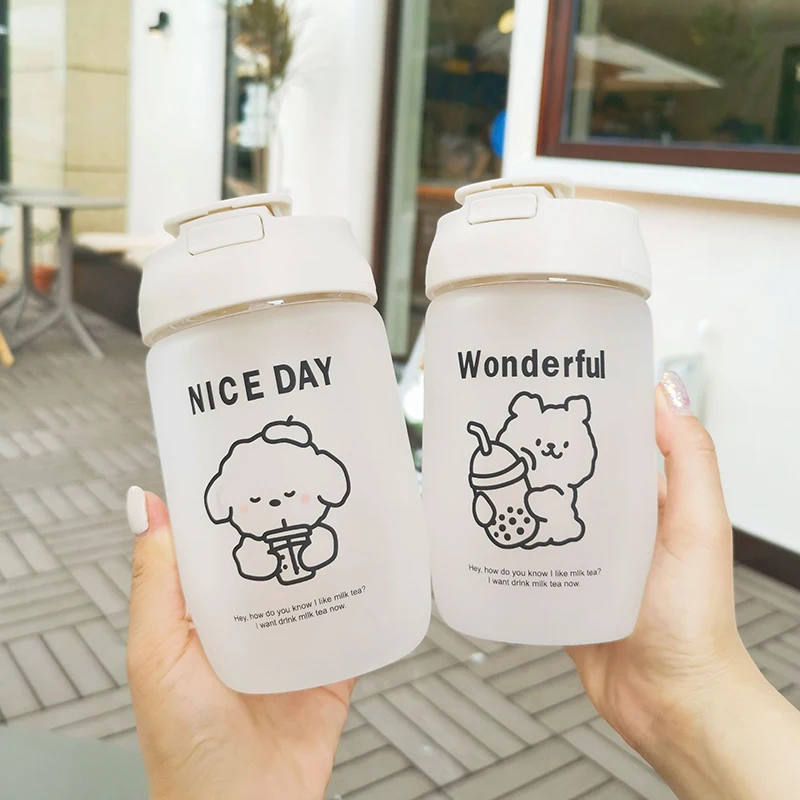 

500ml Kawaii Bear Transparent Glass Water Bottle Creative Frosted Sport Straw Drinking Bottle Travel Tea Coffee Juice Boba Cup