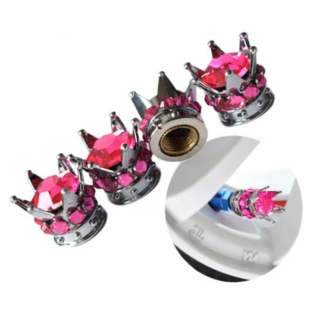 

Dark Pink+silver 4 Set Silver Crown Dark Pink Diamond Stone Car Tire Tyre Valve Dust Cap Covers