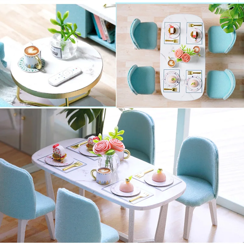 

DIY blue Modern mini build miniture things doll house accessories furniture home room dollhouse kit cottage roombox toys for kid