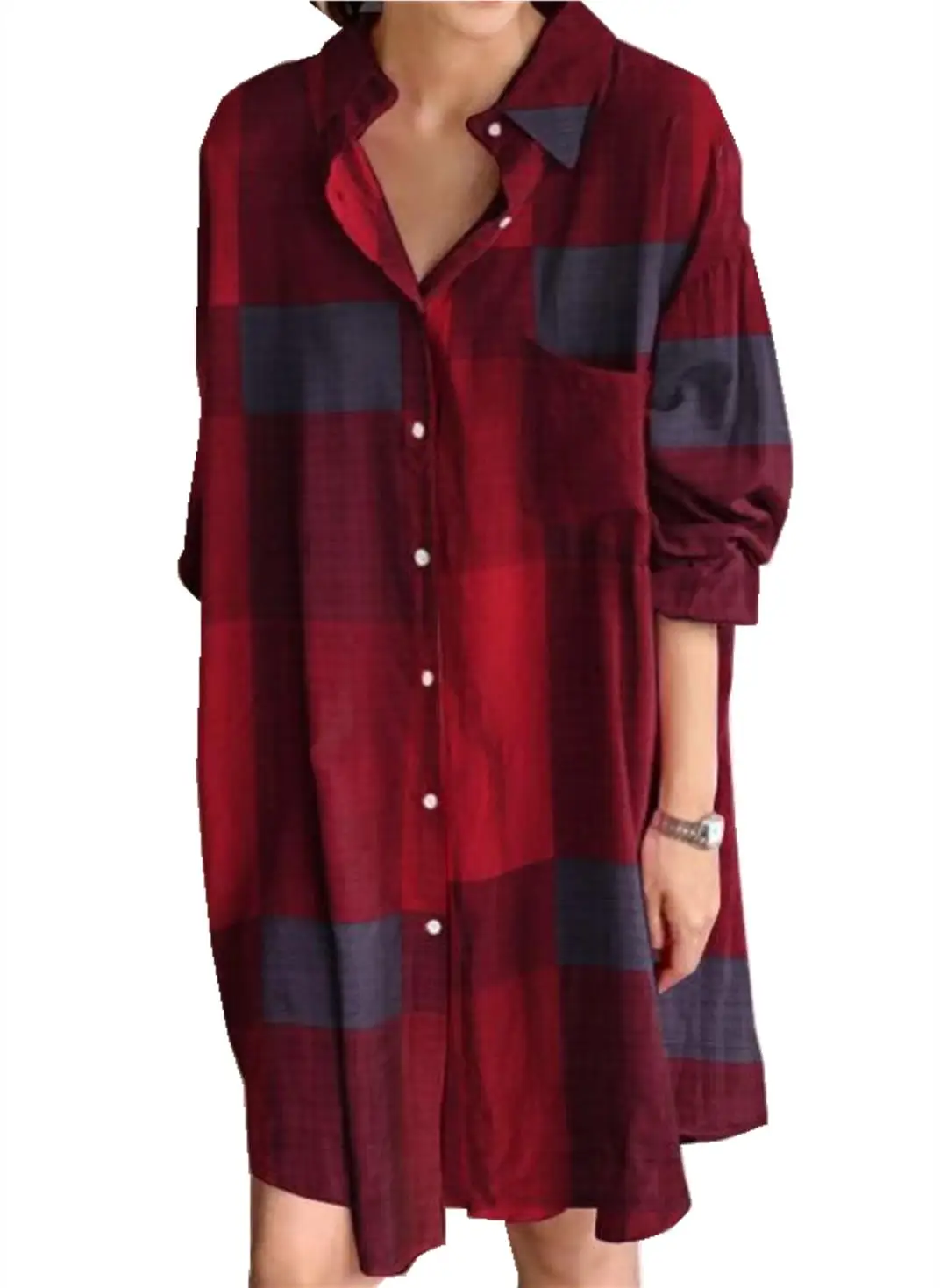 

Plus Size Clothes Women Button Up Shirt Long Sleeve Blouse Korean Fashion Print Plaid Shirt Casual Loose Mid Length T-Shirt Tops