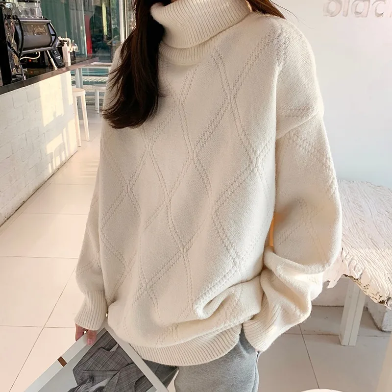 

PEONFLY Women Sweater Knitted Pullovers For Women Casual Long Sleeve Solid Color Sweater Women Turtleneck Jumper Red White