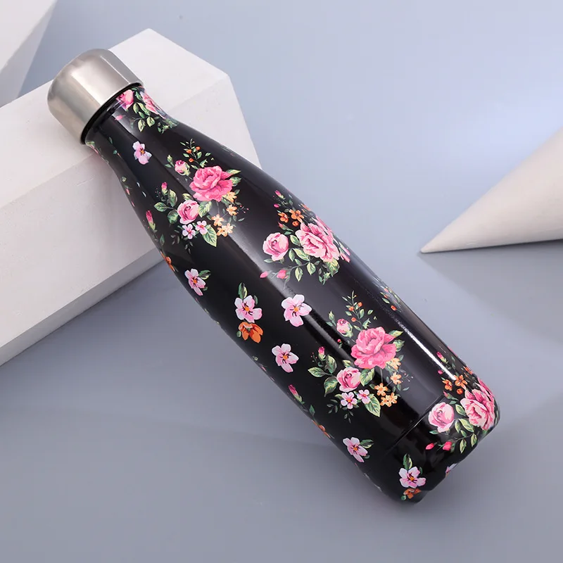 

500ML Black Floral Coke Water Bottle Thermos Bottle Vacuum Flask Stainless Steel Insulated Cold Hot Cup