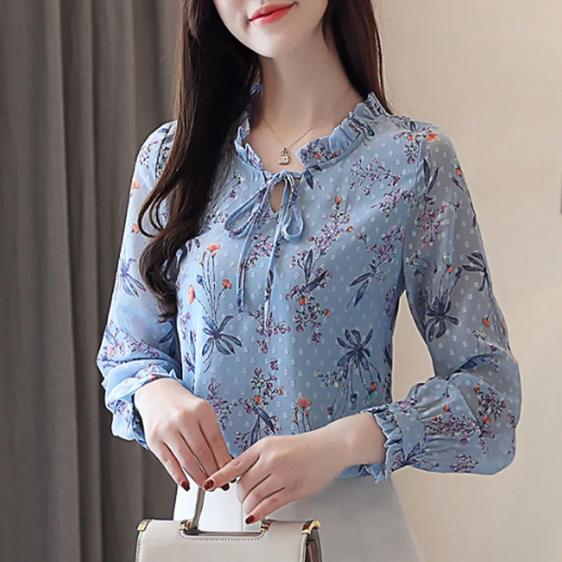 Blusas Mujer De Moda модная женская синяя шифоновая повседневные кофточки элегантные женские Топы с длинным рукавом и бантом женская одежда 6233 50