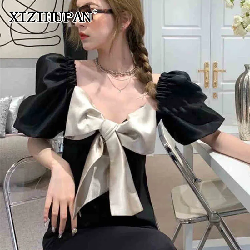 

XIZIHUPAN Casual Black Shirt For Women V Neck Puff Short Sleeve Patchwork Bowknot Hit Color Blousr Female Fashion Clothing Tide