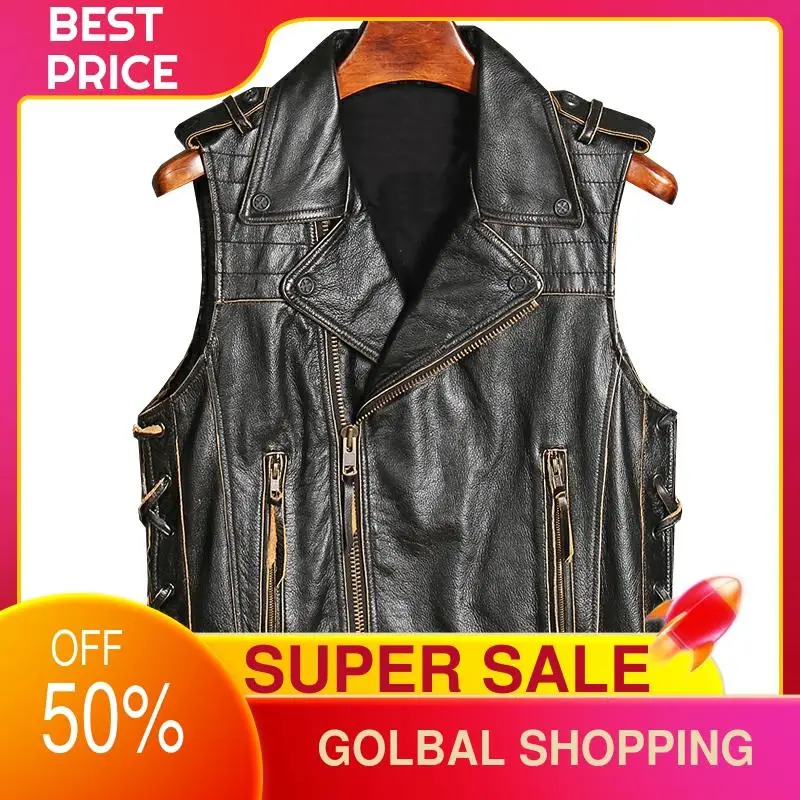 

2021 Vintage Black Biker Style Slim Fit Genuine Leather Vest Men Plus Size 4XL Real Natural Soft Cowhide Short Motorcycle Coat