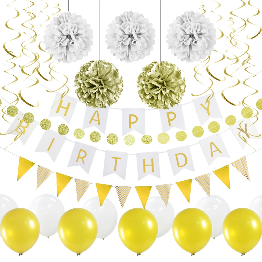 

Golden Theme Set Latex Balloon Spiral Birthday Letter Banner Flag String Birthday Party Props Room Decoration
