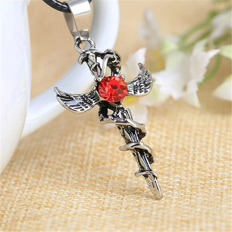 

Punk Unique Vintage Angel Cross Snake Crystal Pendant For Men Red White Color Necklace Jewelry Accessories Gifts