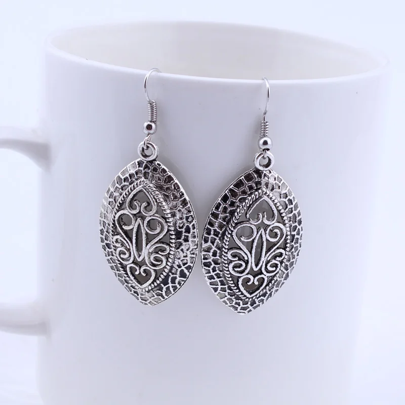 

New Fashion Statement Bohemian Vintage Ethnic Tibetan Silver Color Big Oval Drop Earring Carved Flowers Drop Earrings For Women