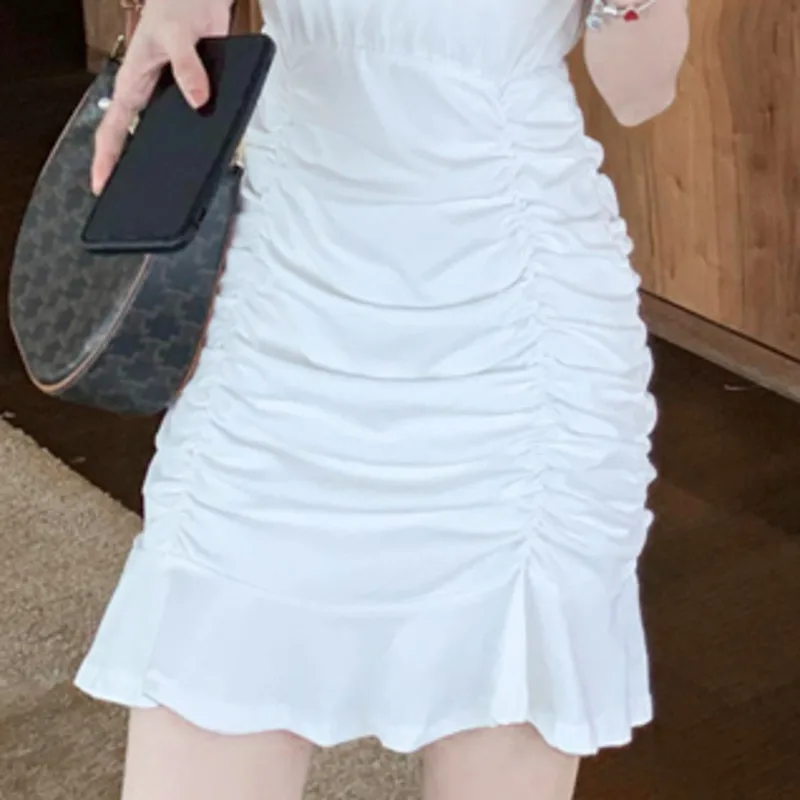 

High Waist Pleated Slim Wrap Buttock Dress Women's 2021 Summer Casual Hooded Fashion Design Shoulder Padded Robe Vestidos Mujer