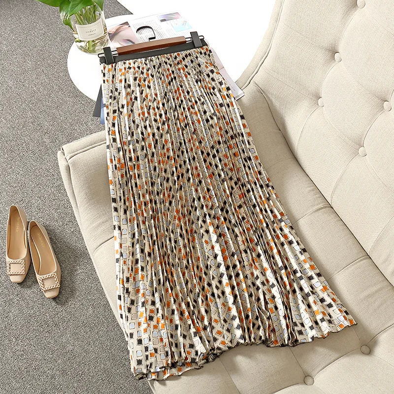 

Summer Skirts Womens New Vintage Floral Print Chiffon Pleated Skirt Elastic High Waist Casual Midi Skirt Women Clothes Jupe
