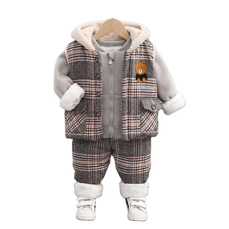 

Зимний костюм из трех предметов для мальчиков и девочек с бархатной подкладкой, жилет + пальто + брюки, Детский Теплый костюм, детская одежда, комплект детской одежды