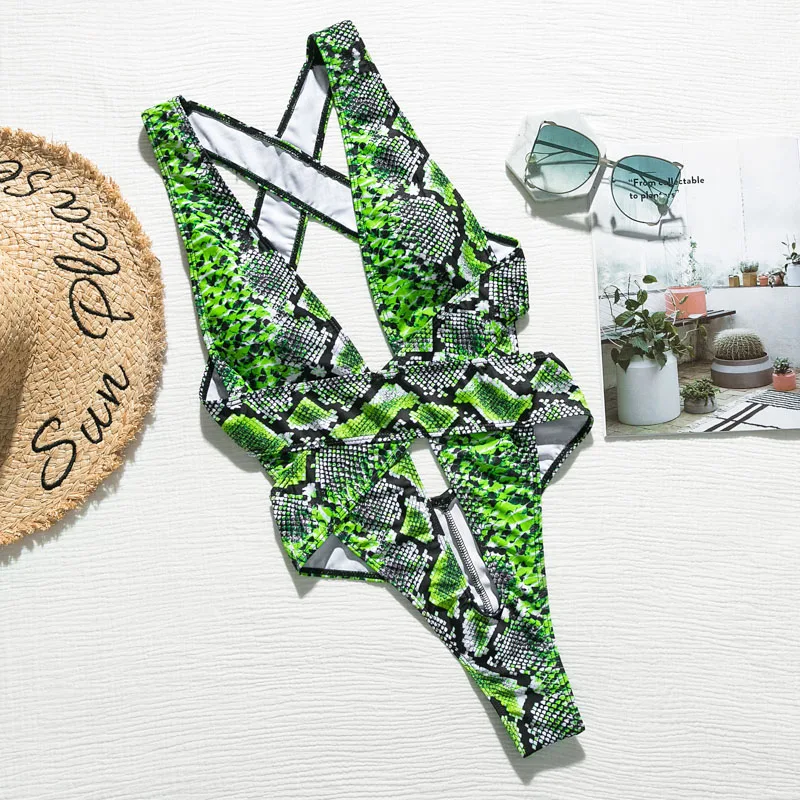 Купальник цельный сексуальный змеиный принт бикини 2020 полый купальник женский
