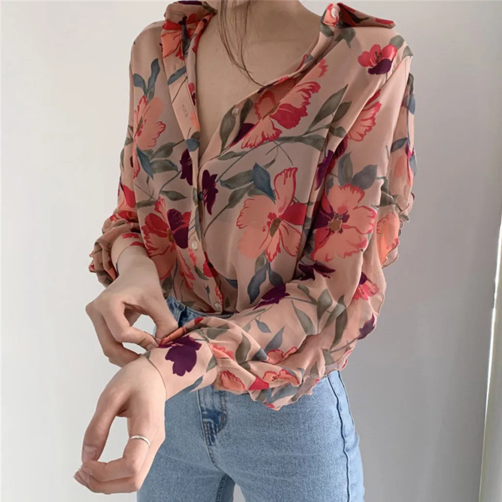 

Fashion Women Chiffon Long Puff Sleeve Printed V-neck Top Ladies Button Shirts