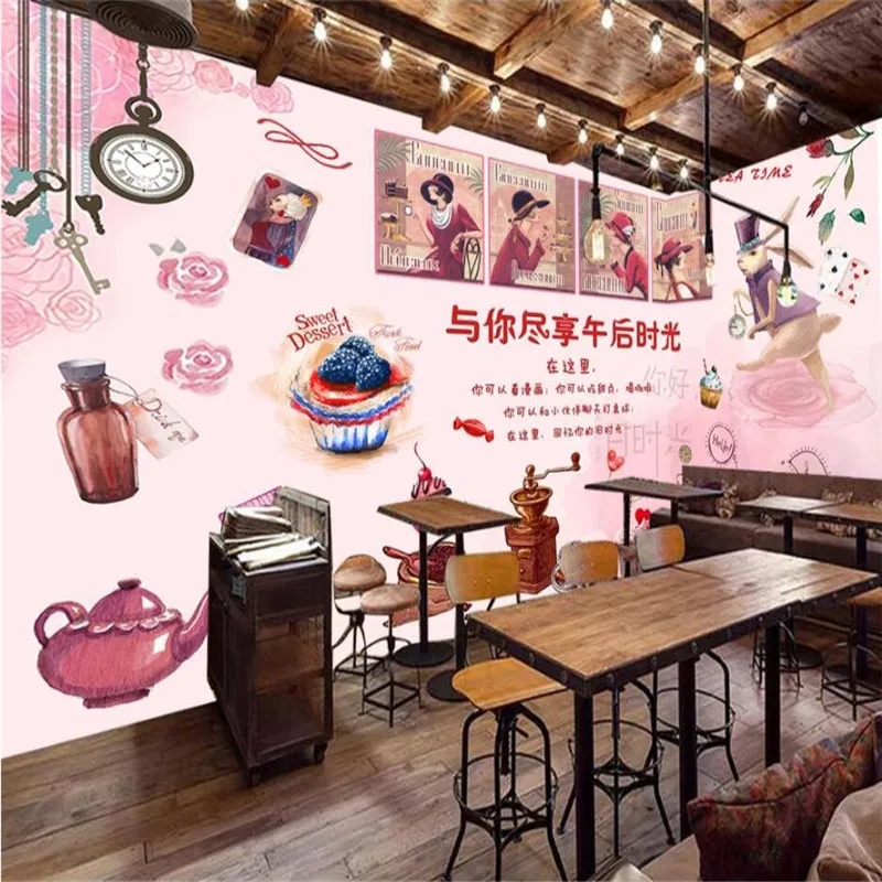 Пользовательский розовый акварельный послеобеденный чай настенная бумага 3D