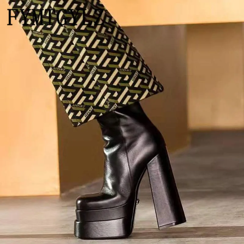 

FYMTGYLZ Top Quality Winter Knee High Boots Ladies Platform Ankle Boots Square Toe Women Shoes Motorcycle Party Big Size 43