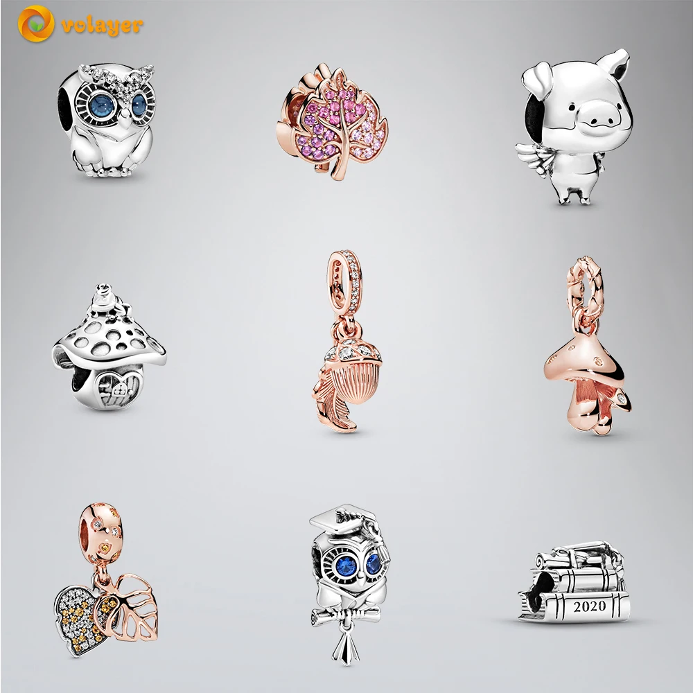 Volayer серебряные бусины 925 пробы Сверкающее паве листья свинка гриб Висячие мудрые