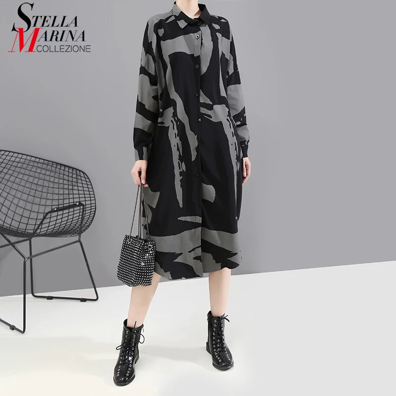 * 2019 осенне зимнее черное платье ретрорубашка в Корейском стиле с длинными