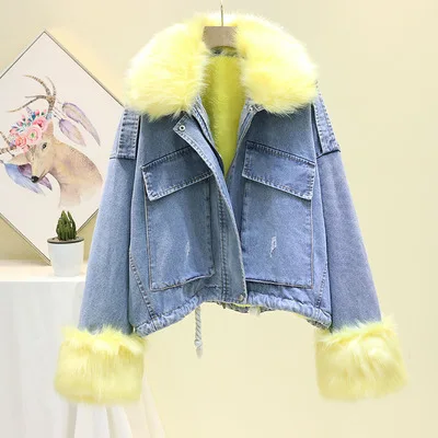 yellow blue coat Зимняя Съемная плюшевая джинсовая куртка с толстой подкладкой, парка, женская короткая джинсовая куртка с большим меховым воротником, женская теплая Свободная верхняя одежда - Цвет: yellow blue coat