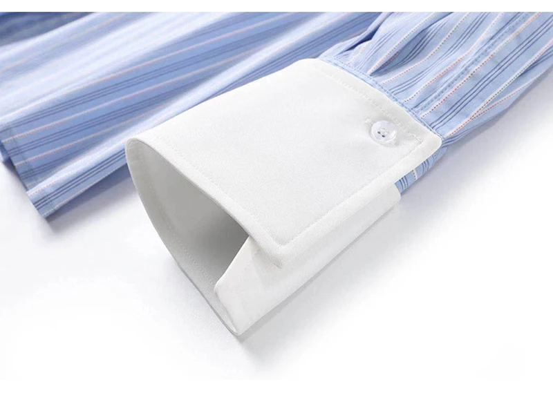 

[EAM] Women Blue Big Size Asymmetrical Striped Blouse New Lapel Long Sleeve Loose Fit Shirt Fashion Spring Autumn 2021 1DD7157