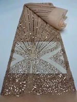 nice fashion high quality handmade big french lace fabric in champagne gold color tulle with sequins and beads 2021 turtle t184