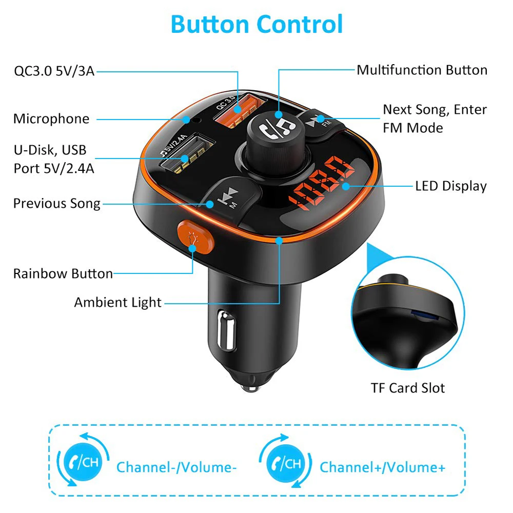 Bluetooth fm-передатчик 7 цветов окружающий светильник с режимом дыхания fm-модулятор QC3.0 автомобильное зарядное устройство передатчик Bluetooth Handsfree