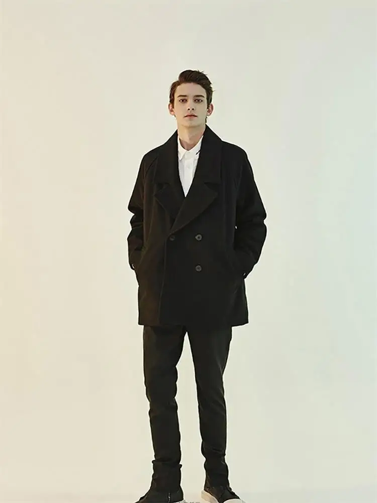 Мужское черное пальто Простое Шерстяное Пальто двубортное для отдыха осени и