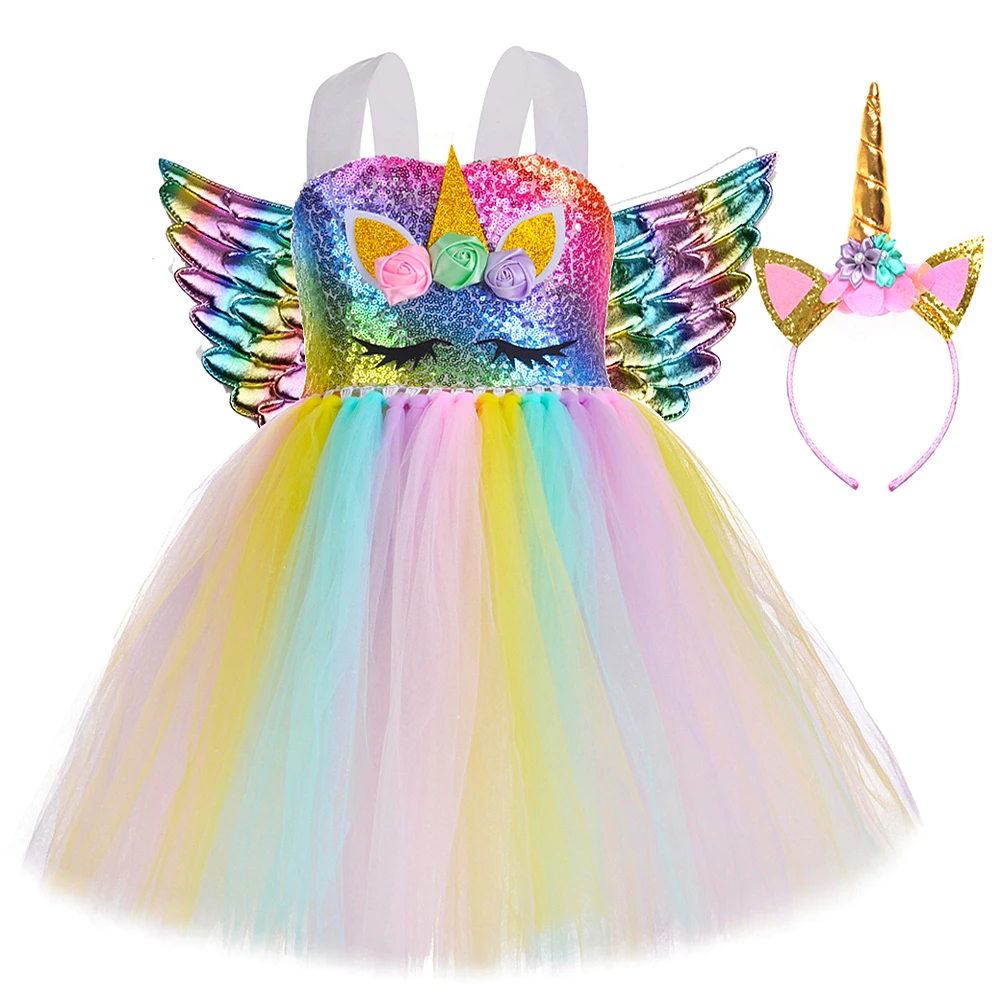 

Rainbow Sequins Unicorn Costume for Girls Tutu Dress Kids Halloween Costumes Princess Unicorn Birthday Dresses Wings Headband
