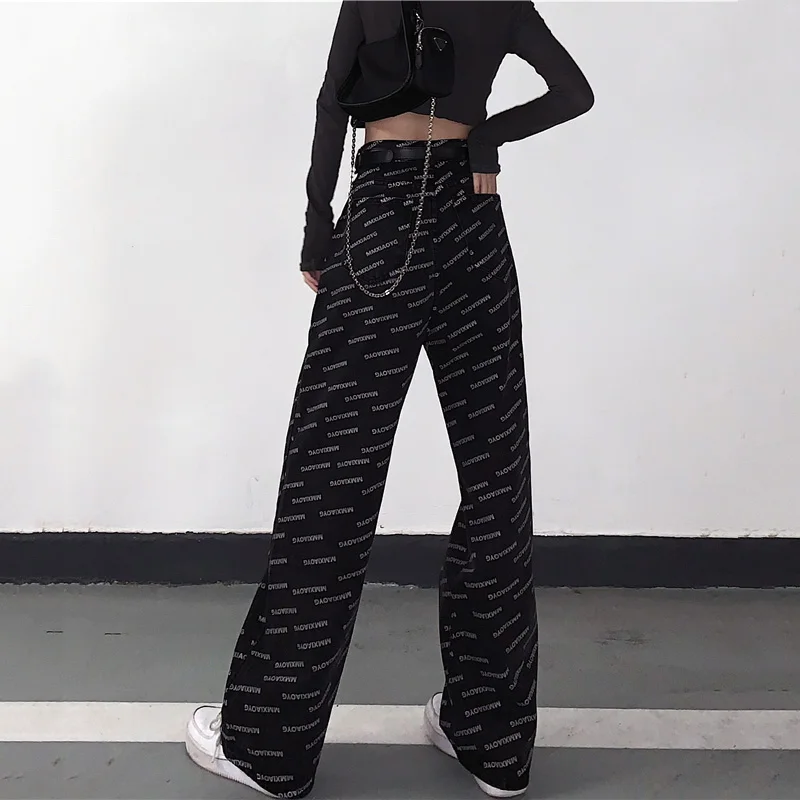 

Fashion Letter Print Jeans Women Streetwear Jeans Loose High Waist Wide Leg Pants Vintage Man Jeans Cotton Casual Straight Jeans