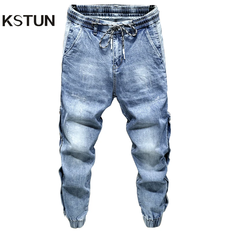 KSTUN Men Jeans 2020 Light Blue Denim Stretch Jogger Pants Man Fashion Side Rivets Casual Haren Jean Men's Trousers Plus Size 42