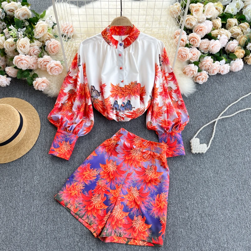 

Plus Size Fashion Suit Retro Print Lantern Sleeve Loose Shirt Top High Waist Wide Leg Shorts Two-piece Set
