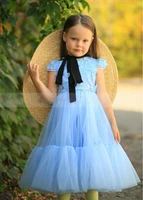 sky blue lace tulle flower girl dress cap sleeve children tea length kids clothes birthday party gown