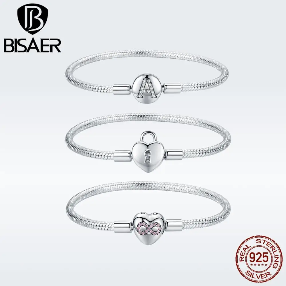 BISAER,, 925, серебряные сердечки, буква А, розовая вечность, любовь, высокое качество, змеиная цепочка, очаровательный браслет, сделай сам, изготовление ювелирных изделий HSB140