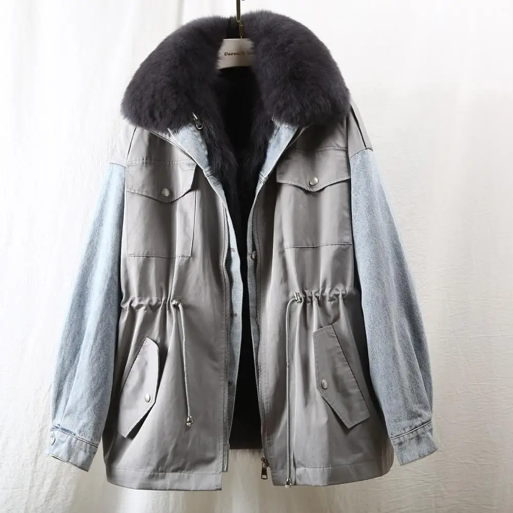 2021 зимняя теплая куртка повседневная Стиль с отделкой из джинсовой ткани в стиле