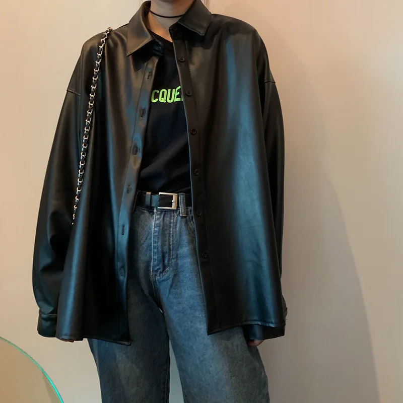 New Women oversized PU leather blouses 2021 Spring Autumn Black Faux Leather Basic Coat Turn-down Collar Motor Biker Jacket enlarge