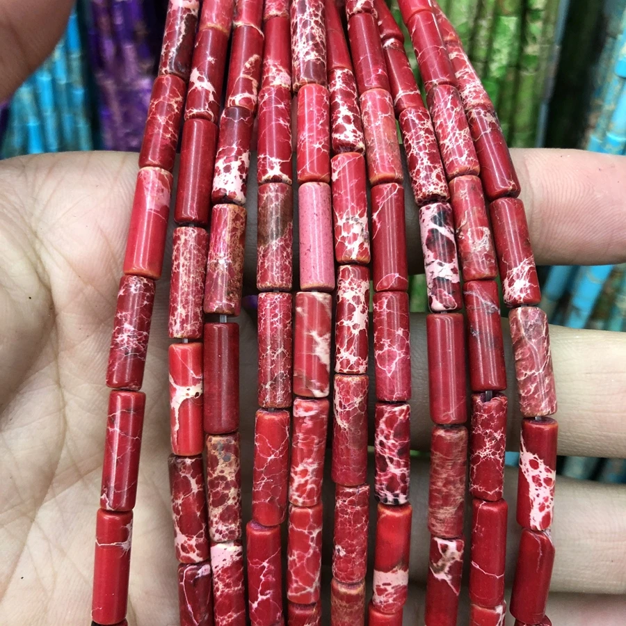 

Wholesale 1String 15.5" Natural Red Imperial Jasper Bead 4x13mm Round Tubes Beads for jewelry DIY