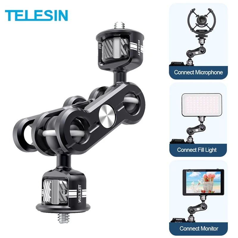 

TELESIN Aluminum Magic Arm Mount Adapter Double Ball Head Extended Bracket 1/4 Screw Steering Stand For Sony Canon Nikon Camera
